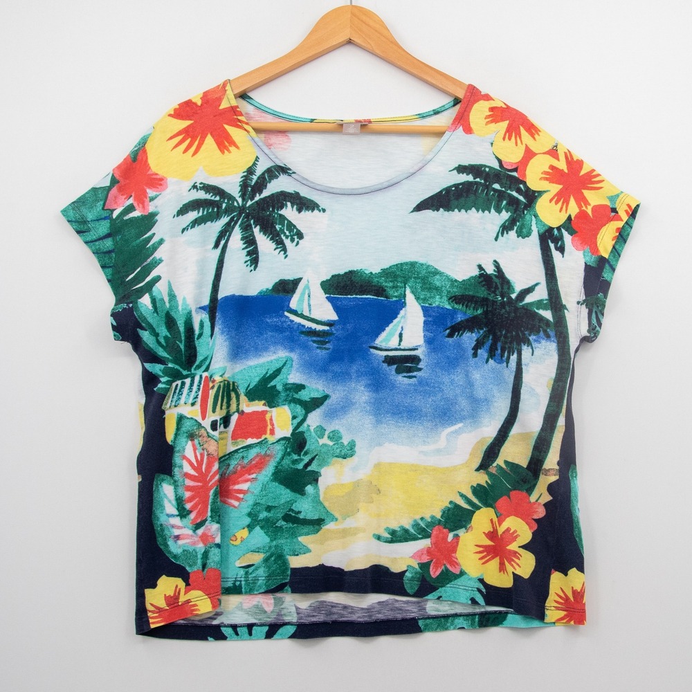 Chico's Scenic Tropical Top Women 2 Large Blue Beach Sailboat Coastal Vacation